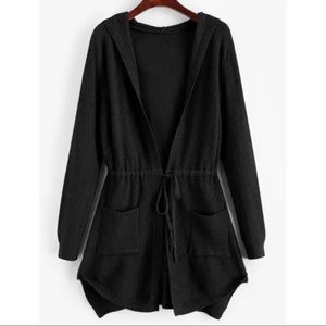 Women’s Longline Hooded Drawstring Pockets Cardigan - Black